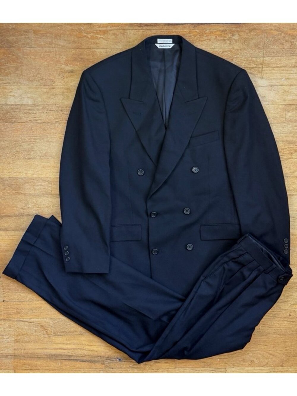 Vintage Mens Double Breasted Suit Set Size 40R Blazer 32x31 Pants Black Wool 90s